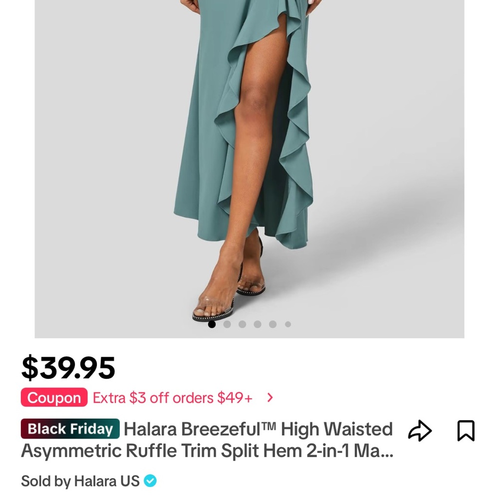 Halara Breezeful High Waisted Asymmetric Ruffle Trim Split Hem 2-in-1 maxi skirt